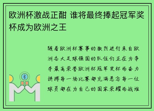 欧洲杯激战正酣 谁将最终捧起冠军奖杯成为欧洲之王