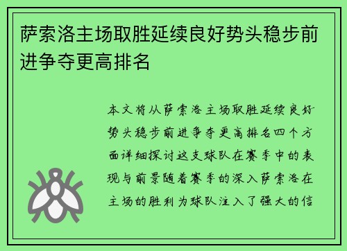 萨索洛主场取胜延续良好势头稳步前进争夺更高排名
