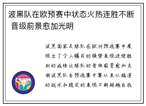 波黑队在欧预赛中状态火热连胜不断 晋级前景愈加光明