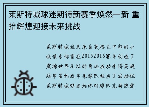 莱斯特城球迷期待新赛季焕然一新 重拾辉煌迎接未来挑战