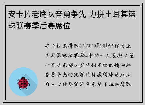 安卡拉老鹰队奋勇争先 力拼土耳其篮球联赛季后赛席位