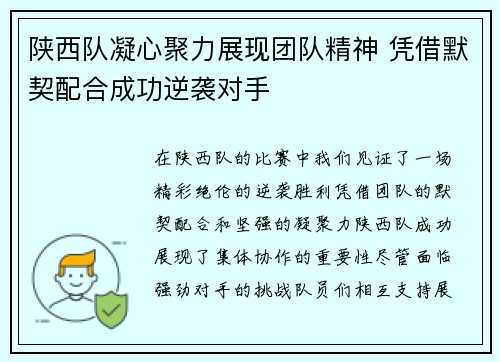 陕西队凝心聚力展现团队精神 凭借默契配合成功逆袭对手