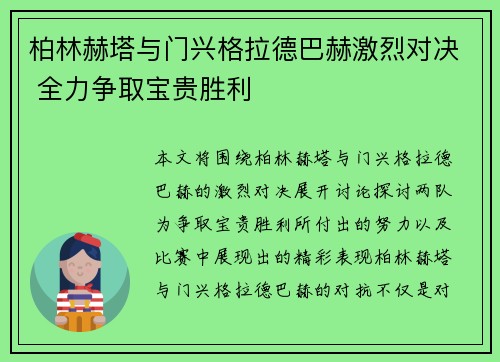 柏林赫塔与门兴格拉德巴赫激烈对决 全力争取宝贵胜利