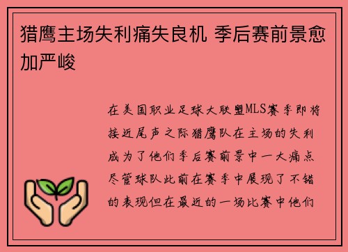 猎鹰主场失利痛失良机 季后赛前景愈加严峻